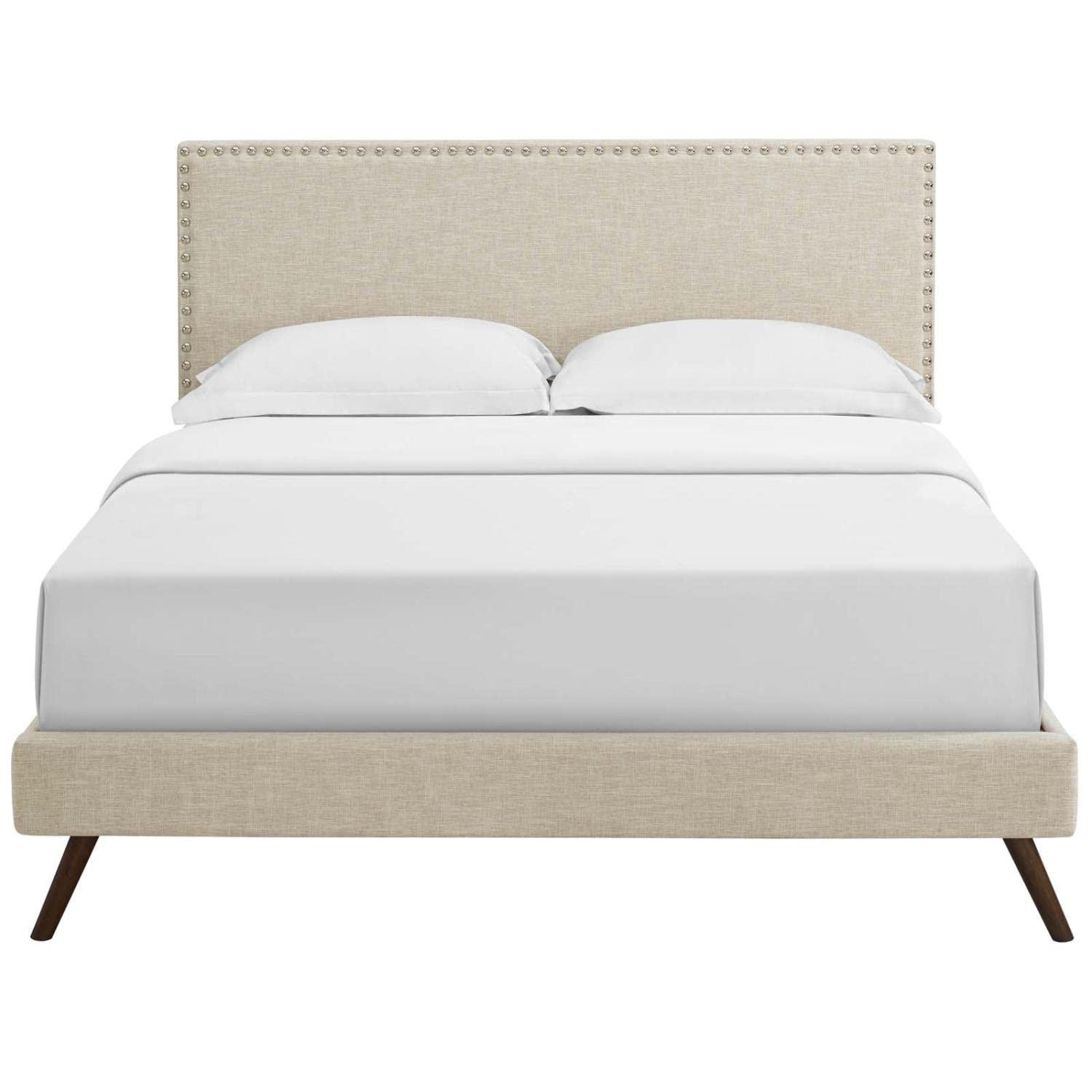 adjustable bed bases | CasaFoyer Macie Platform Bed | Solid Wood Frame | Polyester Upholstery | Tapered Legs | No Box Spring Needed | Memory Foam Compatible | Queen Size | Beige | casafoyer.myshopify.com