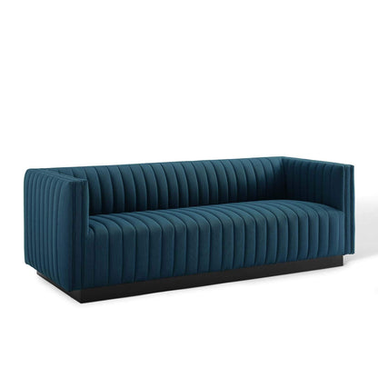 sofas | CasaFoyer Magnetic Cachet | Conjure Channel Tufted Fabric Sofa | Luxurious Glam Deco Style | Retro Modern Charm | Premium Seating | Matte Black Wooden Base | casafoyer.myshopify.com