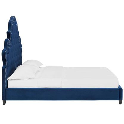 adjustable bed bases | CasaFoyer Valentina Performance Velvet Tufted Nailhead Queen Platform Bed | Navy | Stain-Resistant Velvet | Plush Headboard | Foam Padding | Wood Slat Support | 1322 lbs Weight Capacity | casafoyer.myshopify.com