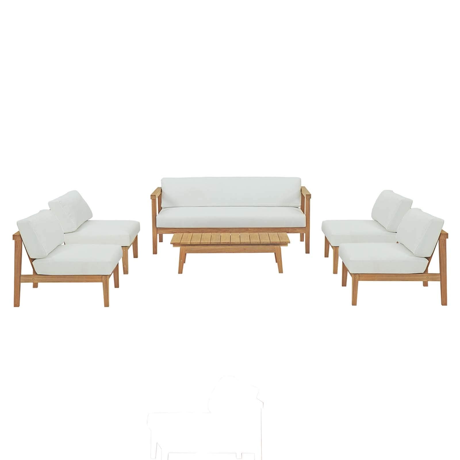 kitchen and dining room sets | CasaFoyer Bayport Teak Outdoor Collection | 6 Piece Set | Armless Chairs, Coffee Table, Loveseat | Durable Teak Wood | White Cushions | Create Your Perfect Outdoor Oasis | casafoyer.myshopify.com