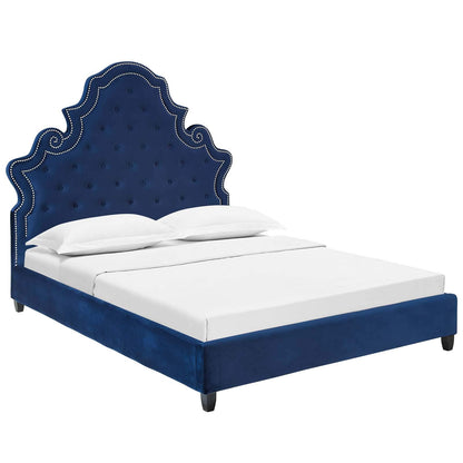 adjustable bed bases | CasaFoyer Valentina Performance Velvet Tufted Nailhead Queen Platform Bed | Navy | Stain-Resistant Velvet | Plush Headboard | Foam Padding | Wood Slat Support | 1322 lbs Weight Capacity | casafoyer.myshopify.com