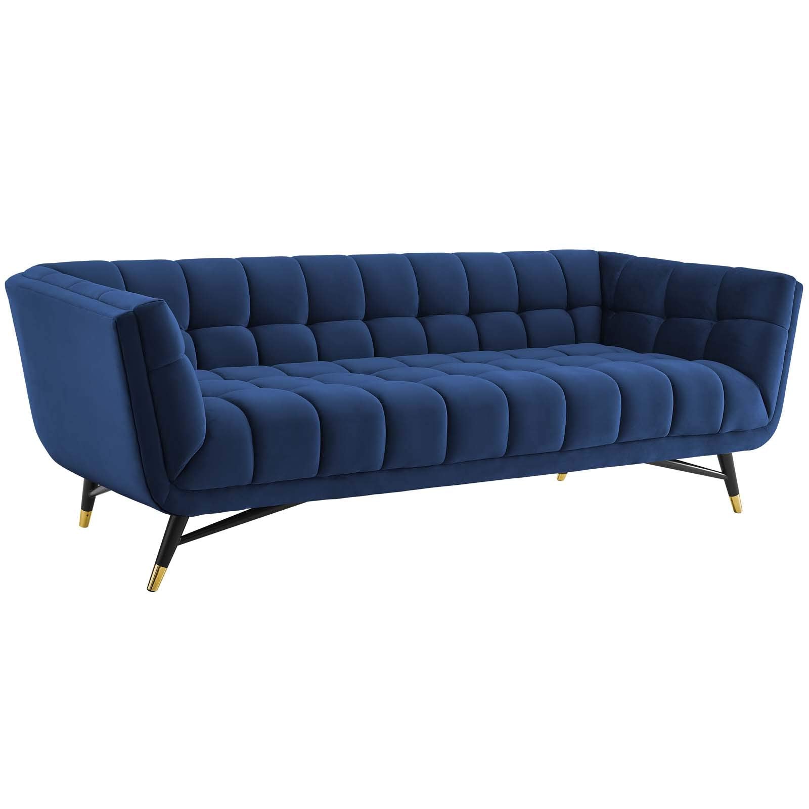 sofas | CasaFoyer Adept Performance Velvet Sofa | Trendy, Contemporary & Mid-Century Modern Design | Stain-Resistant Velvet Upholstery | Plush & Comfortable | Black Birchwood Frame with Gold Metal Accents | Holds up to 1322 lbs. | casafoyer.myshopify.com