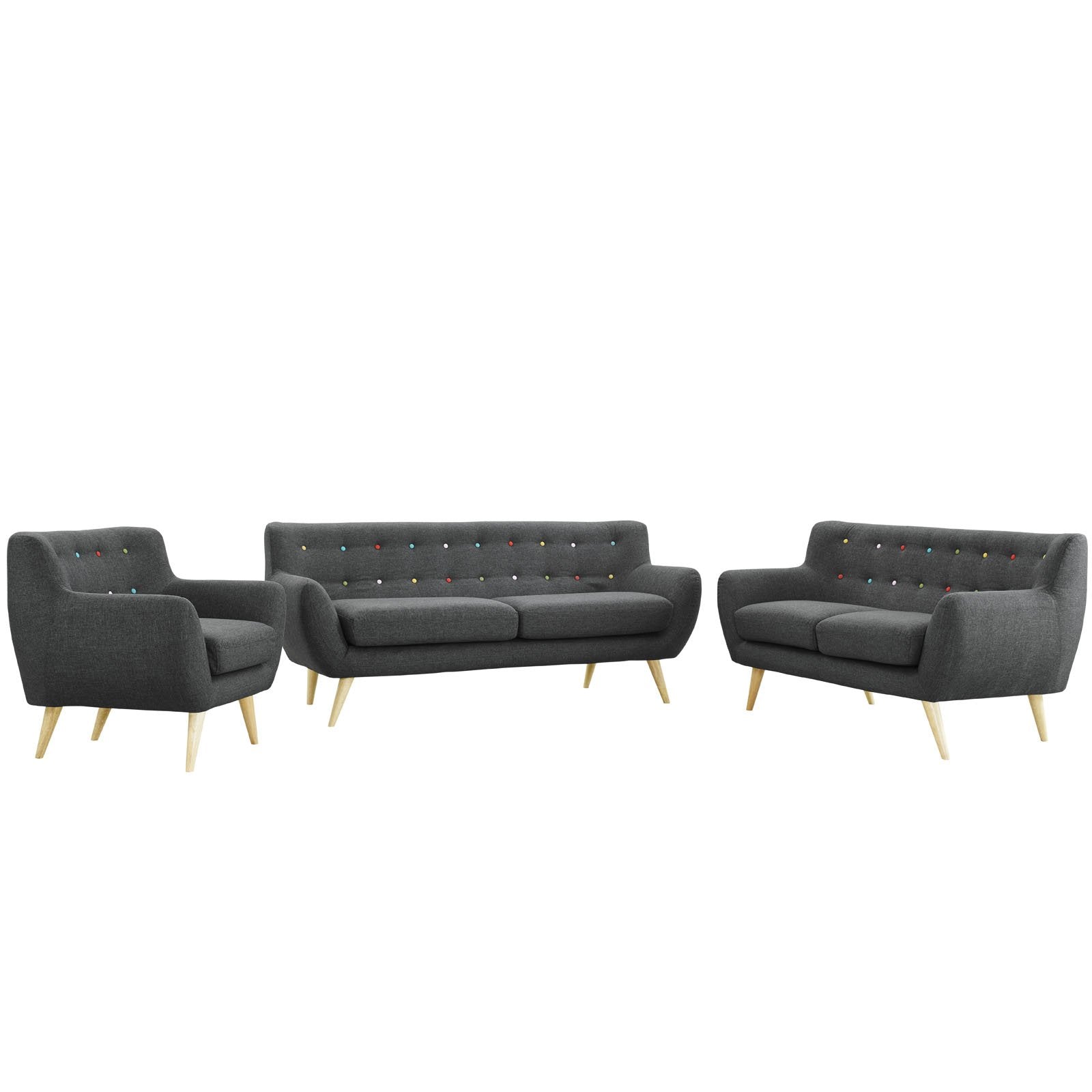 Sofa & chair Sets | Remark Living Room Set | Exquisite & Comfortable | Plush Dual Cushion Design | Mid-Century Inspired | Solid Wood Legs | Elegant Polyester Upholstery | 3 Piece Set - Armchair, Loveseat, Sofa | Gray | casafoyer.myshopify.com
