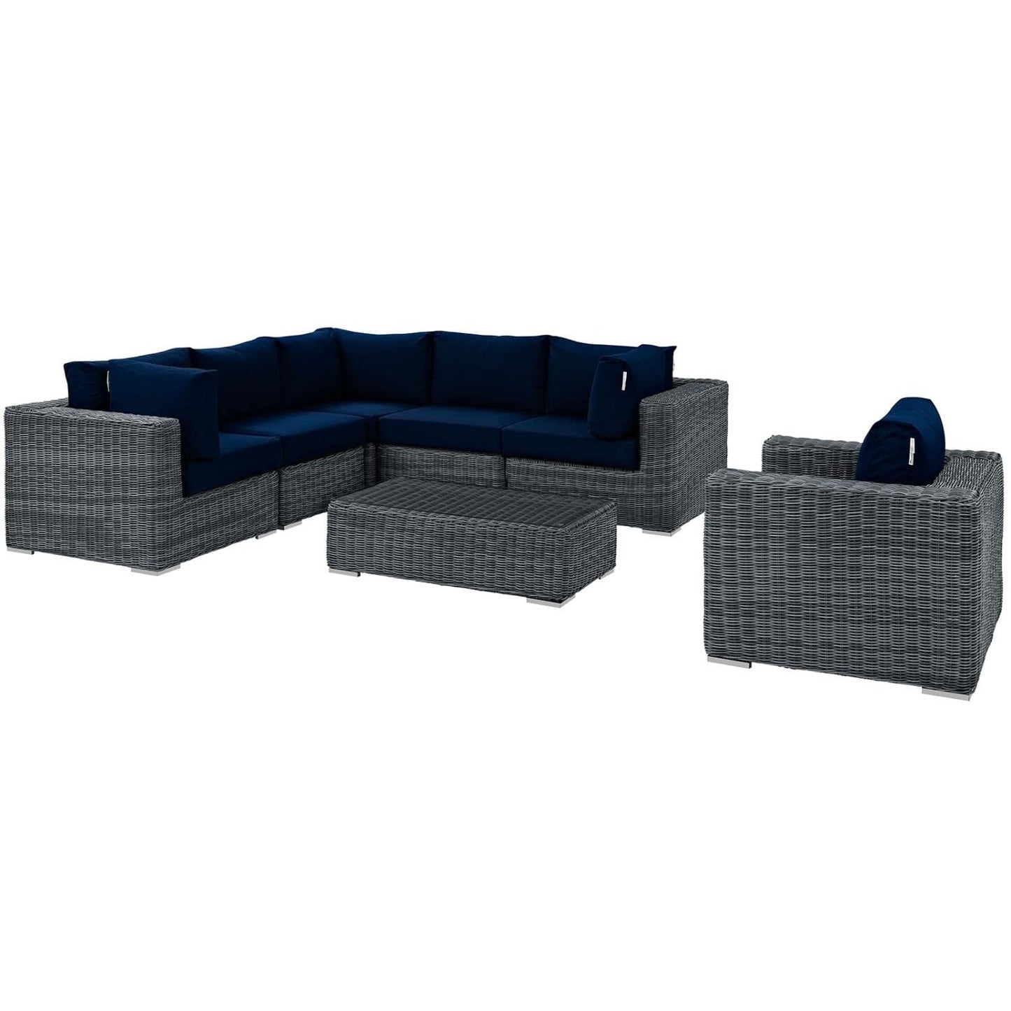 kitchen and dining room sets | CasaFoyer Summon Outdoor Patio Sectional Sofa Set | Two-Tone Rattan | Sunbrella Cushions | Aluminum Frame | Coffee Table | 7 Piece | Canvas Navy | casafoyer.myshopify.com