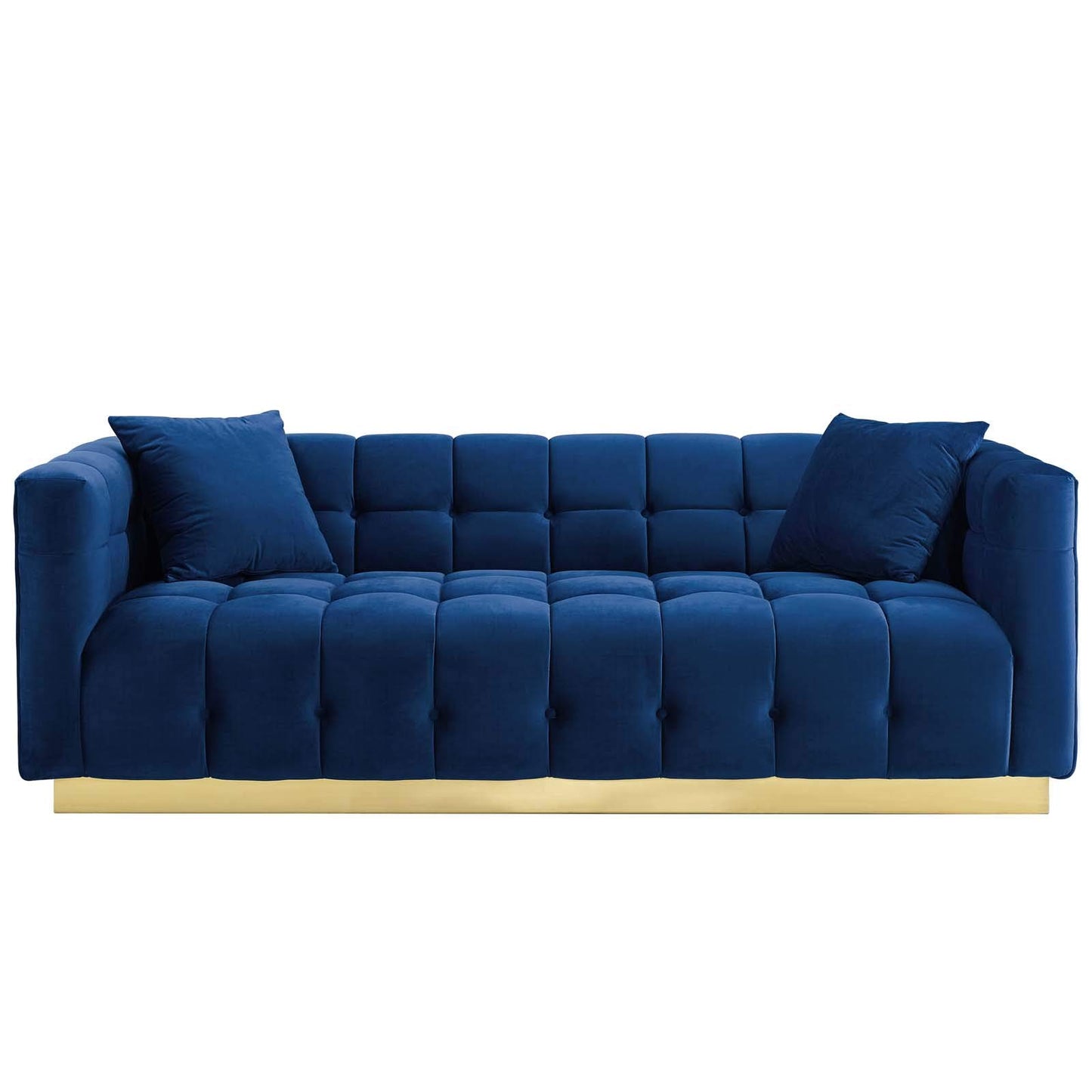 sofas | CasaFoyer Vivacious Sofa | Vintage-Inspired | Tufted Performance Velvet | Gold Stainless Steel Base | Includes Accent Pillows | 900 lb Weight Capacity | Navy | casafoyer.myshopify.com