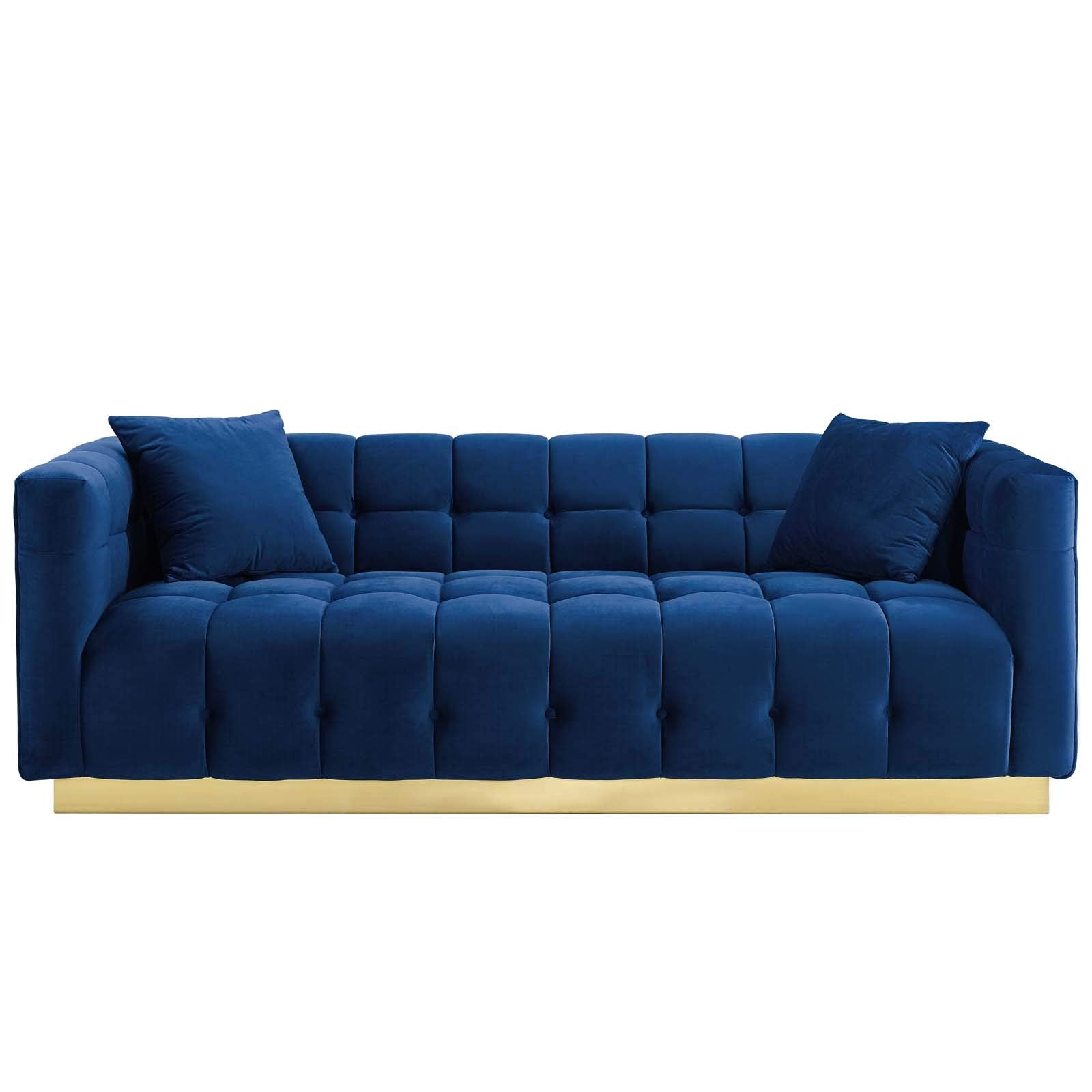 sofas | CasaFoyer Vivacious Sofa | Vintage-Inspired | Tufted Performance Velvet | Gold Stainless Steel Base | Includes Accent Pillows | 900 lb Weight Capacity | Navy | casafoyer.myshopify.com