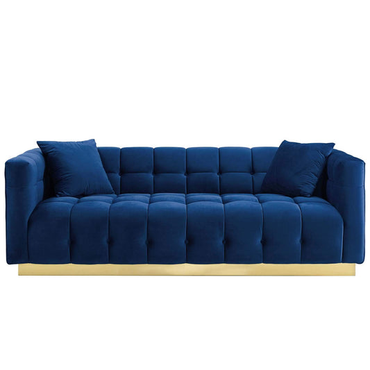 sofas | CasaFoyer Vivacious Sofa | Vintage-Inspired | Tufted Performance Velvet | Gold Stainless Steel Base | Includes Accent Pillows | 900 lb Weight Capacity | Navy | casafoyer.myshopify.com