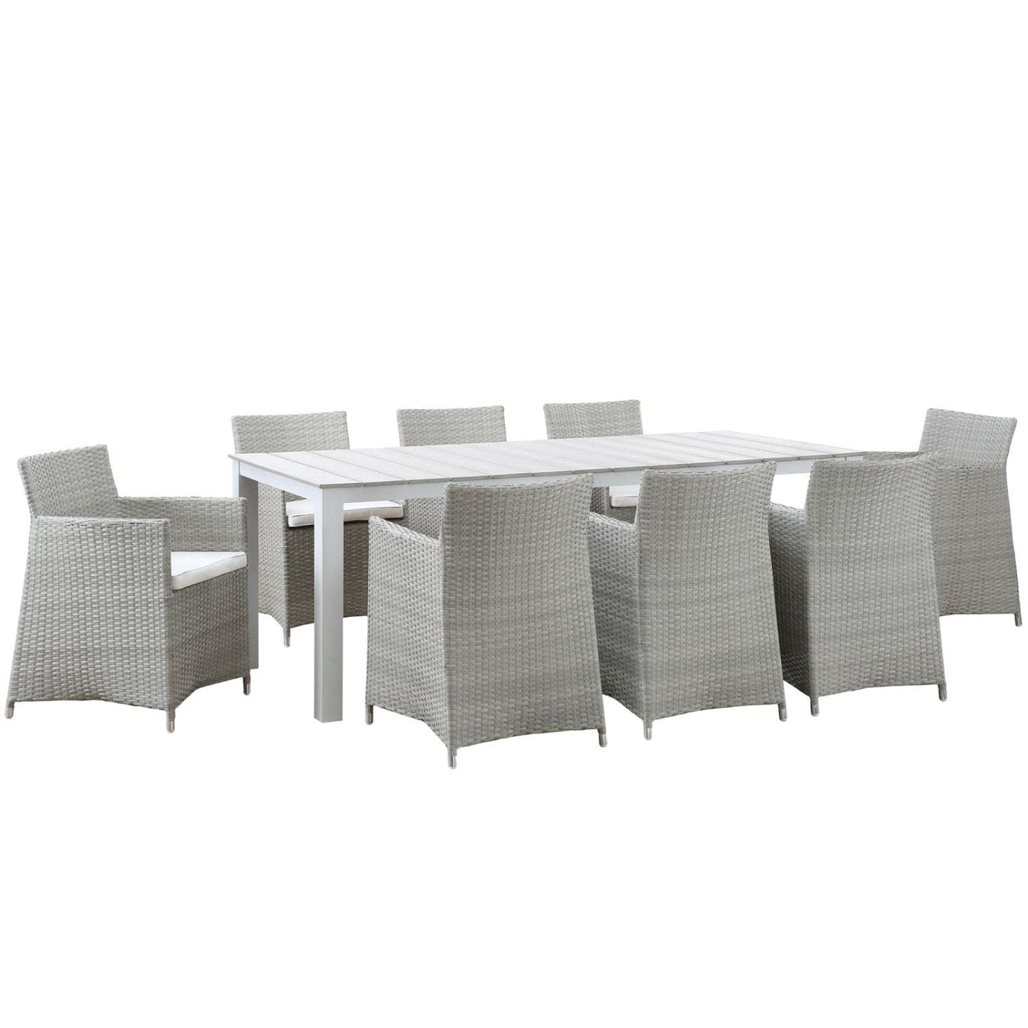 Dining Table | Junction Outdoor Patio Dining Furniture Set | Elegant & Practical 9 Piece Gray White Set | Synthetic Rattan Weave | Weather-Resistant Cushions | Powder-Coated Aluminum Frame | No Assembly Required | casafoyer.myshopify.com