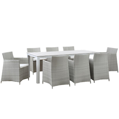 Dining Table | Junction Outdoor Patio Dining Furniture Set | Elegant & Practical 9 Piece Gray White Set | Synthetic Rattan Weave | Weather-Resistant Cushions | Powder-Coated Aluminum Frame | No Assembly Required | casafoyer.myshopify.com