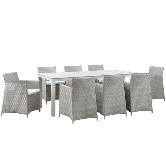 Dining Table | Junction Outdoor Patio Dining Furniture Set | Elegant & Practical 9 Piece Gray White Set | Synthetic Rattan Weave | Weather-Resistant Cushions | Powder-Coated Aluminum Frame | No Assembly Required | casafoyer.myshopify.com