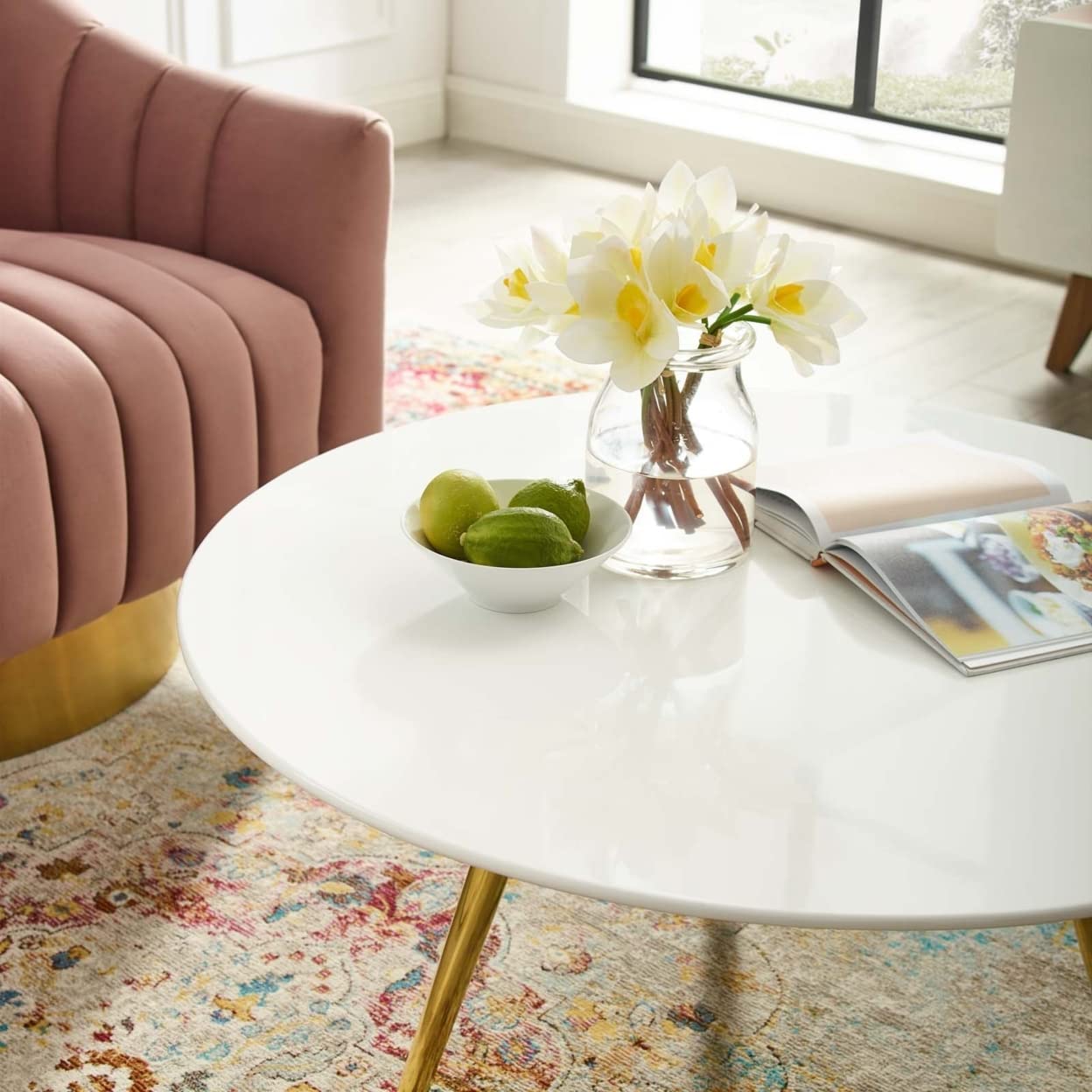 coffee tables | Ergode Lippa 36 Round Coffee Table | Timeless Design | White Lacquered Top | Gold Tripod Base | Perfect for Living Room, Lounge, or Home Office | casafoyer.myshopify.com