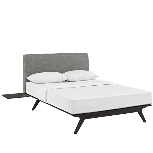 Bed | CasaFoyer Tracy Queen Bedroom Set | Modern Open Design | Toffee Brown Stain | Upholstered Headboard | Platform Legs | Includes Bed Frame & Side Tables | Mattress Not Included | casafoyer.myshopify.com