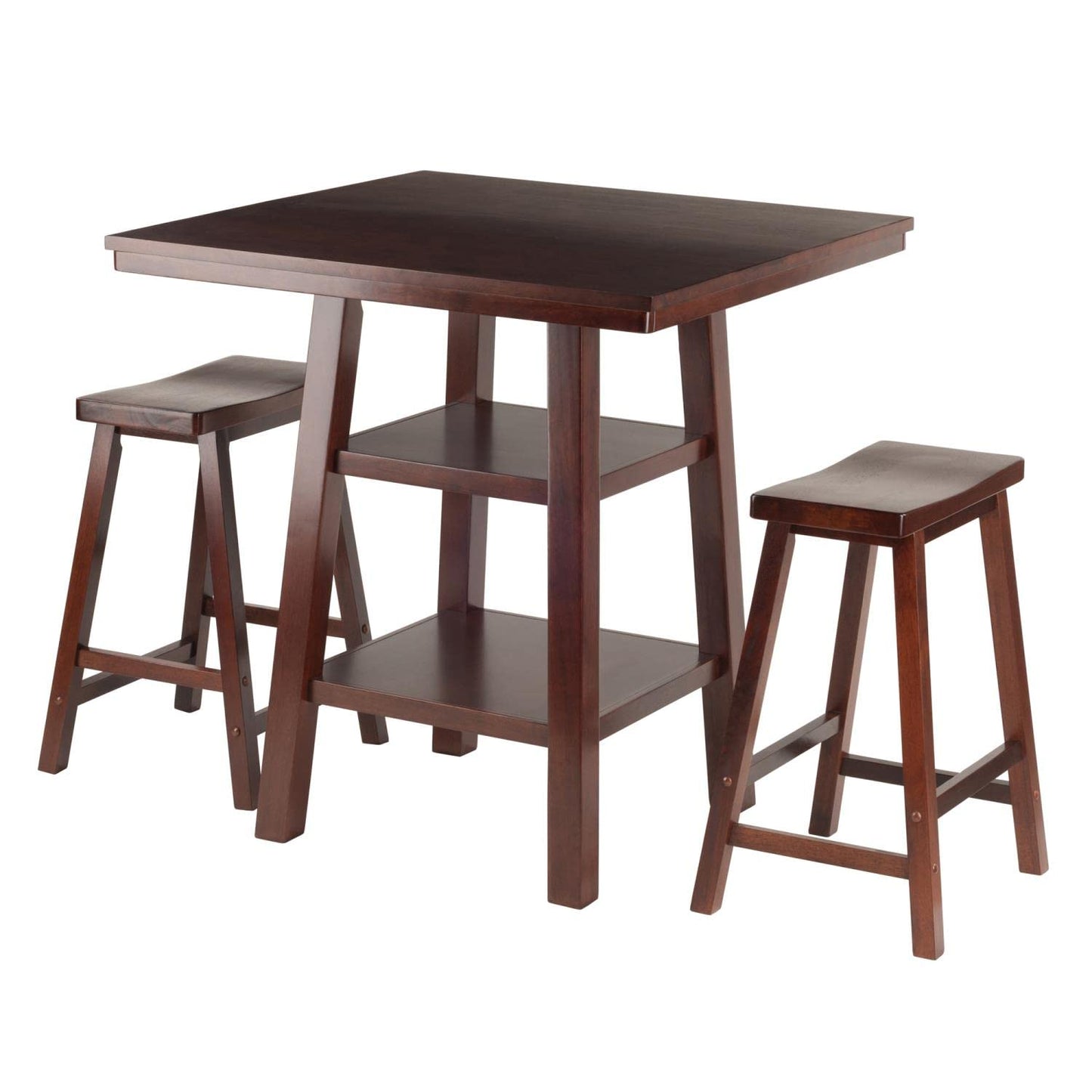 childrens table and chair sets | CasaFoyer Orlando High Table & Saddle Seat Stool Set | Rustic Design | Solid Wood | Walnut Finish | 2 Shelves | Space-Saving | Ideal for Dining & Kitchen | casafoyer.myshopify.com