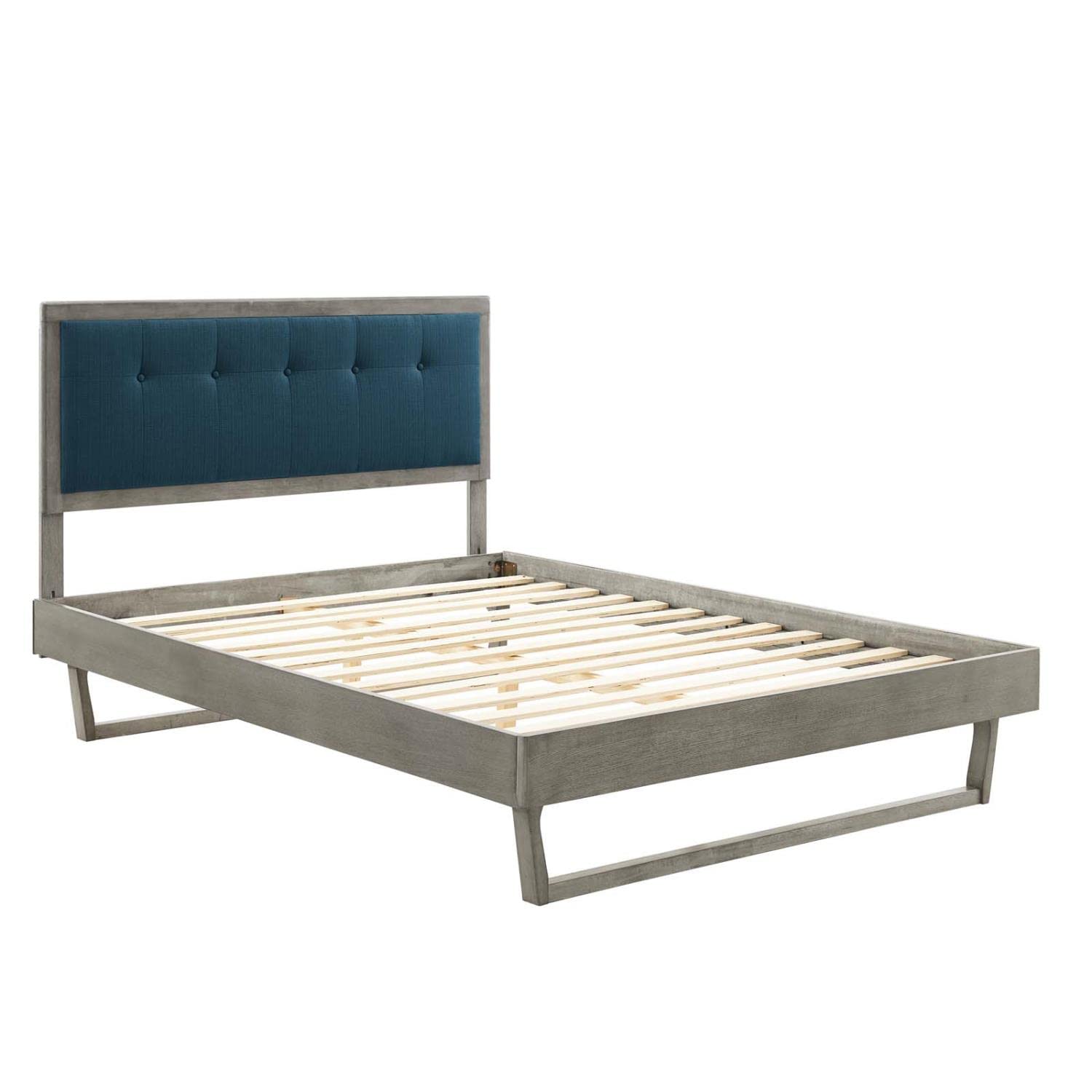 bed frames | CasaFoyer Willow Tufted Wood Queen Platform Bed | Mid-Century Design | Upholstered Headboard | Button Tufted | Sturdy Materials | Wood Slat Support | No Box Spring | 601 lbs Capacity | Gray Azure | casafoyer.myshopify.com
