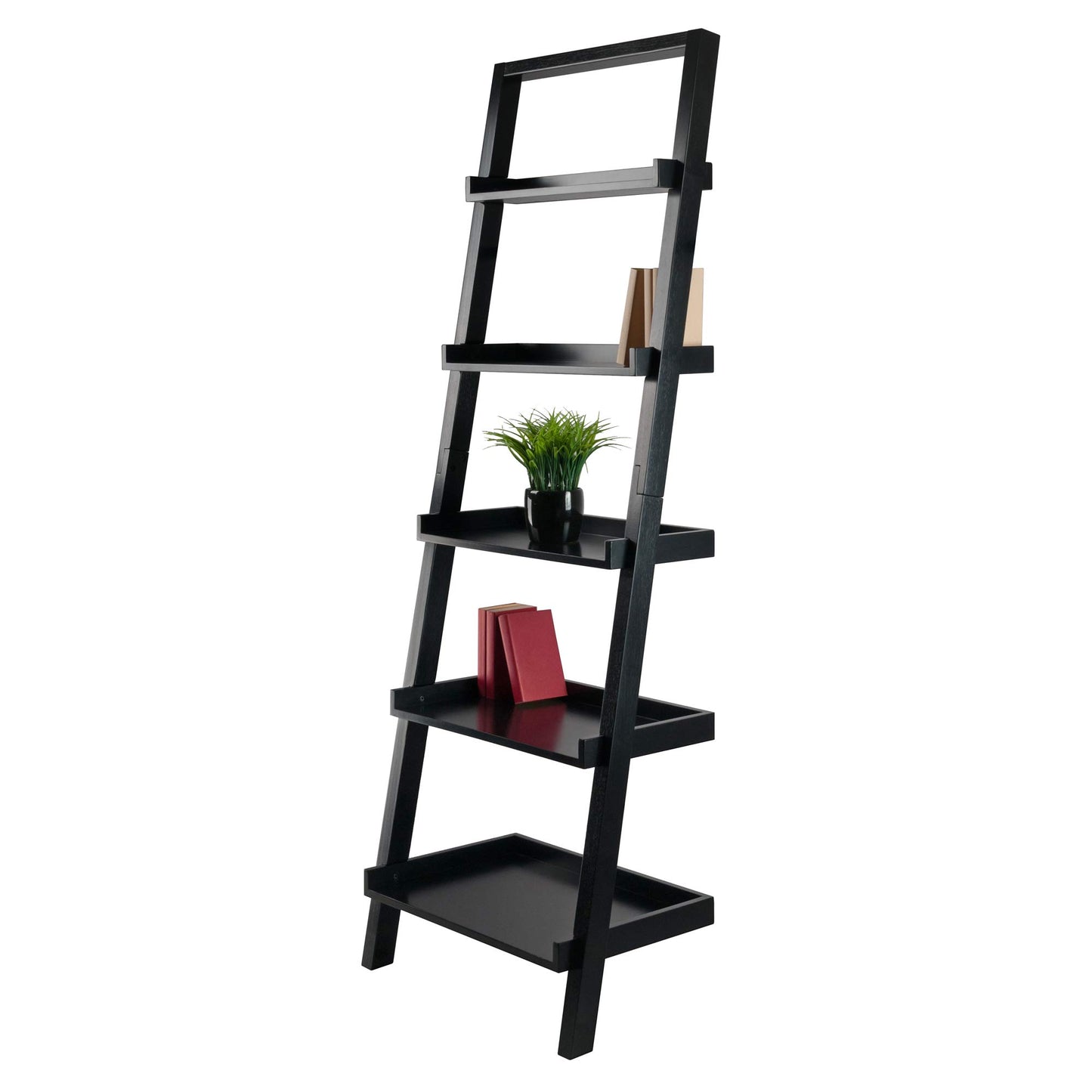 SHELF | Ergode  Wood Bellamy Leaning Shelf | Sleek & Stylish Space-Saving Solution | 5 Tiers of Open Shelves | Black Finish | Easy Assembly & Wall Attachment | casafoyer.myshopify.com