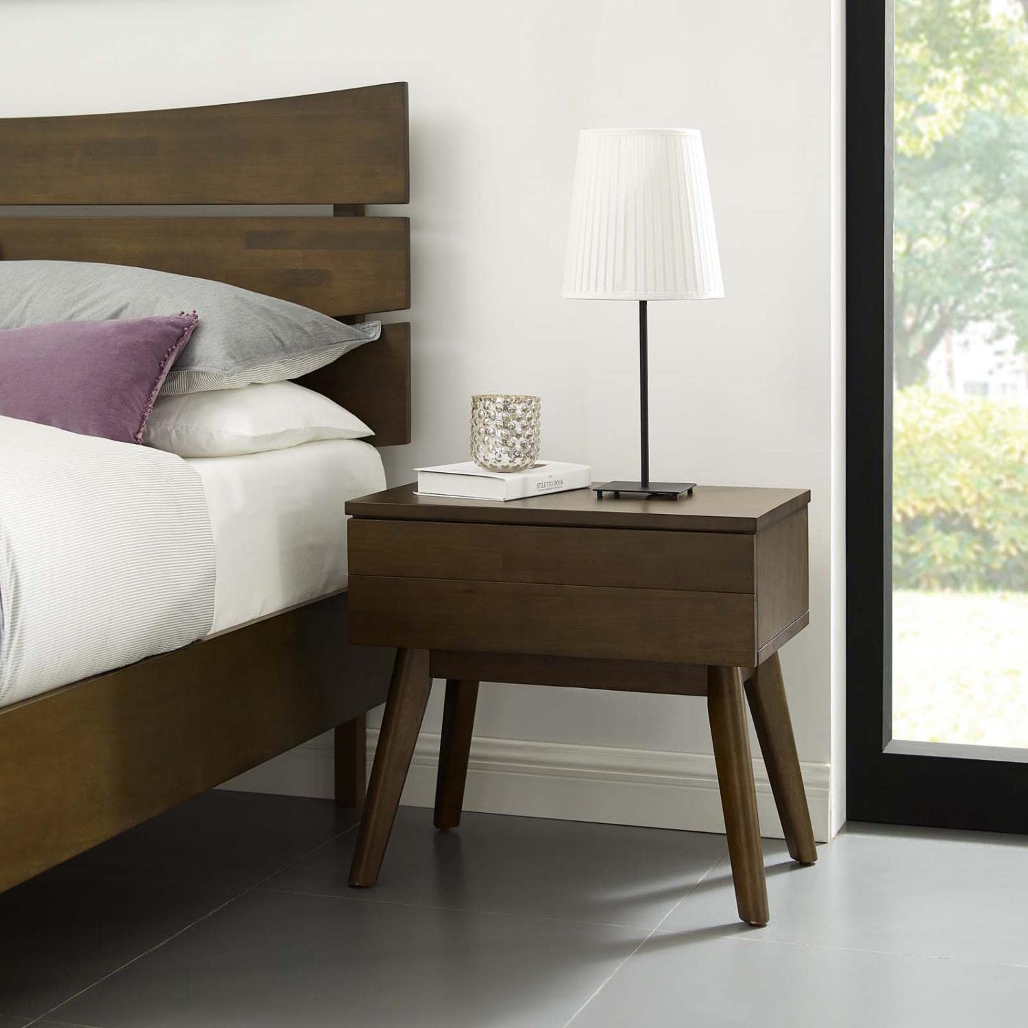 TABLE | CasaFoyer Everly Wood Nightstand | Mid-Century Design | Solid Hardwood | Cocoa Walnut Veneer | Generous Drawer | Sleek & Elegant | casafoyer.myshopify.com