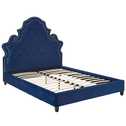 adjustable bed bases | CasaFoyer Valentina Performance Velvet Tufted Nailhead Queen Platform Bed | Navy | Stain-Resistant Velvet | Plush Headboard | Foam Padding | Wood Slat Support | 1322 lbs Weight Capacity | casafoyer.myshopify.com