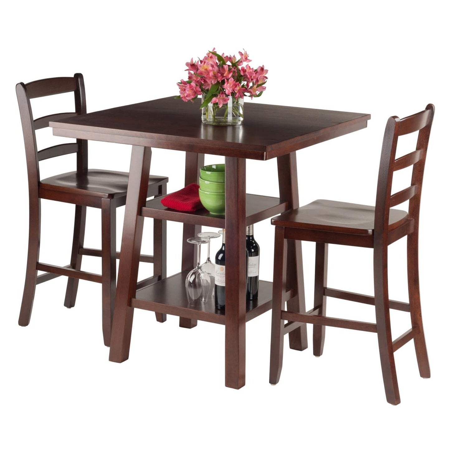 childrens table and chair sets | CasaFoyer Orlando High Table and Ladder Back Stool Set | Antique Design | 3-Piece | Walnut Finish | Solid Wood | 2 Shelves | Space-Saving | Comfortable | Easy Assembly | casafoyer.myshopify.com