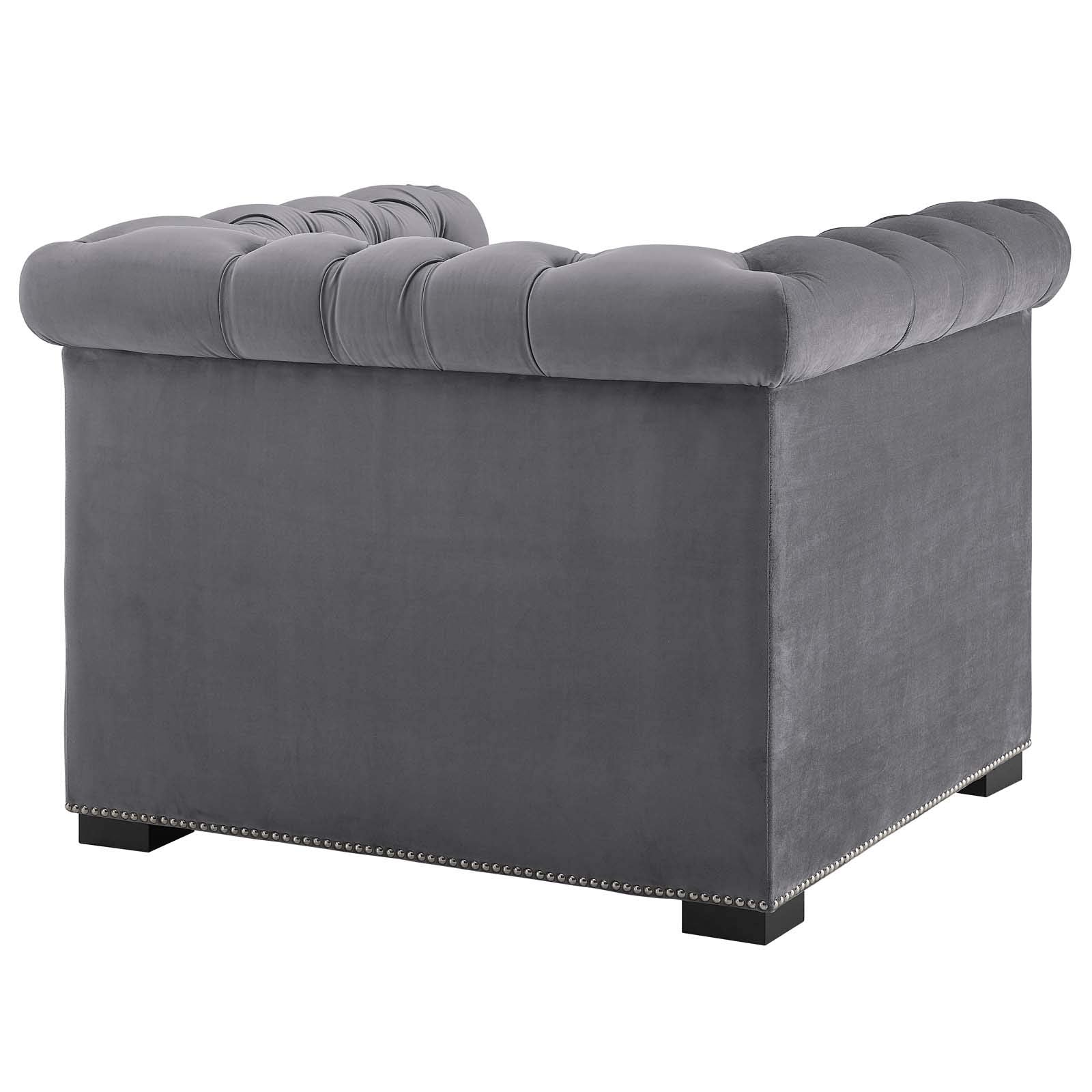 home office desk chairs | CasaFoyer Heritage Performance Velvet Armchair | Modern Classic Design | Rolled Armrests | Button Tufting | Nailhead Trim | Stain-Resistant Upholstery | Birch Wood Legs | Plush Foam Padding | Gray | casafoyer.myshopify.com