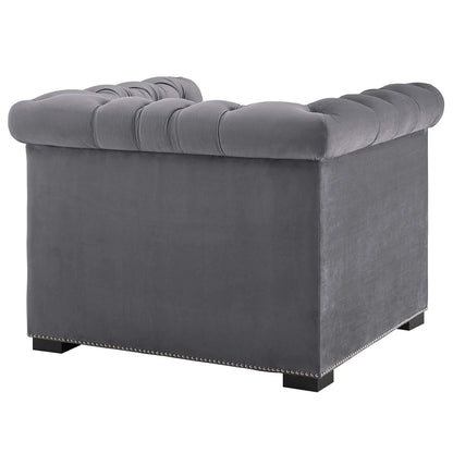 home office desk chairs | CasaFoyer Heritage Performance Velvet Armchair | Modern Classic Design | Rolled Armrests | Button Tufting | Nailhead Trim | Stain-Resistant Upholstery | Birch Wood Legs | Plush Foam Padding | Gray | casafoyer.myshopify.com