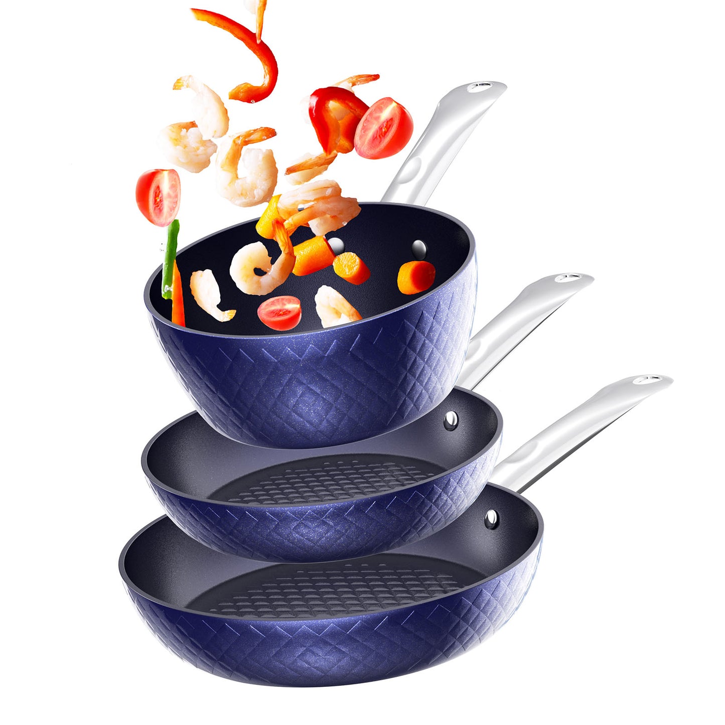 Cookware | CasaFoyer Frying Pan Sets Non Stick 3Pieces Blue 3D Diamond Cookware | casafoyer.myshopify.com