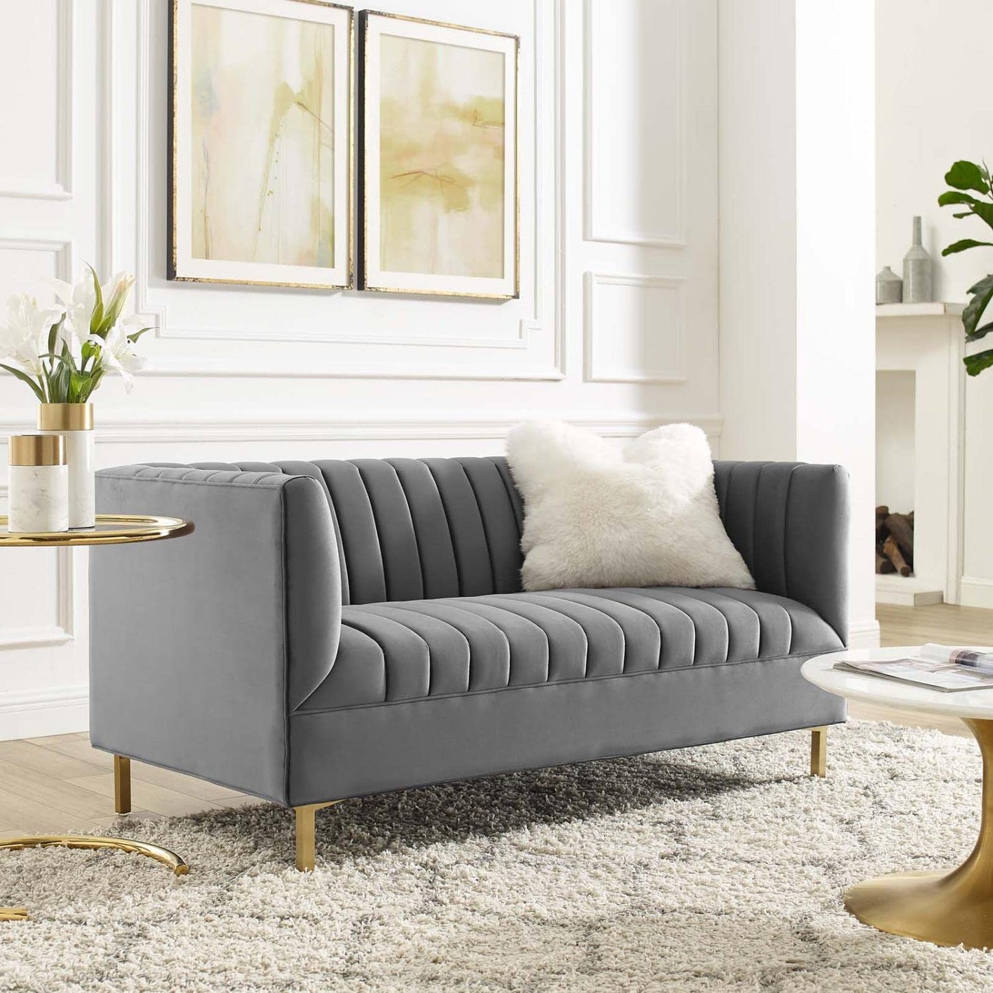 sofas | CasaFoyer Shift Channel Tufted Performance Velvet Living Room Loveseat | Elegant Gray Two-Seater Couch | Gold Stainless Steel Legs | Stain-Resistant & Durable | Assembly Required | 600 lbs Weight Capacity | casafoyer.myshopify.com