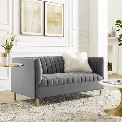 sofas | CasaFoyer Shift Channel Tufted Performance Velvet Living Room Loveseat | Elegant Gray Two-Seater Couch | Gold Stainless Steel Legs | Stain-Resistant & Durable | Assembly Required | 600 lbs Weight Capacity | casafoyer.myshopify.com
