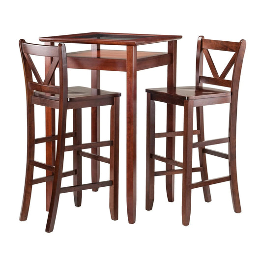 barstools | CasaFoyer Elegant Pub Table Set | Glass Top | 2 V-Back Chairs | Solid Wood | Walnut Finish | 25.6W x 25.6D | Tempered Glass | Sleek Design | casafoyer.myshopify.com