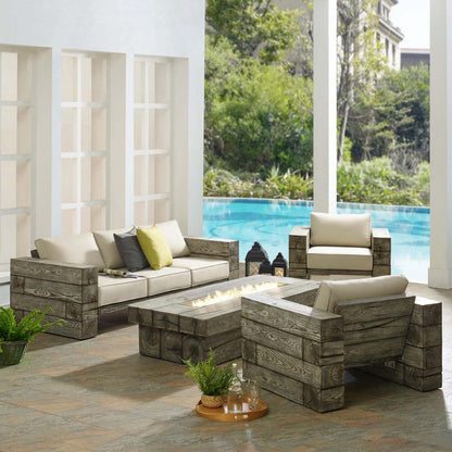 kitchen and dining room sets | CasaFoyer Manteo Outdoor Patio 4 Piece Set | Sofa, Armchairs, Fire Pit Table | Rustic Coastal Design | Driftwood Finish | All-Weather Cushions | Propane Gas Fire Table | PVC Cover Included | Chair Weight Capacity: 441 lbs | Sofa Weight Capacity: 1323 lbs | casafoyer.myshopify.com