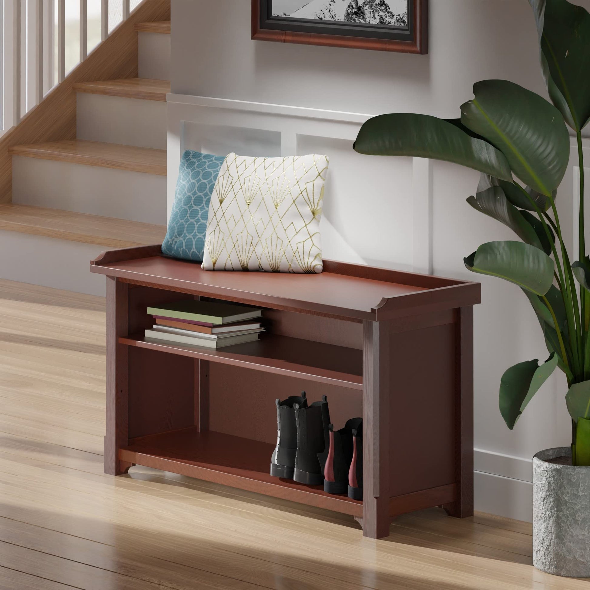BENCH | Ergode  Wood Milan Bench | Versatile Seating & Storage | Walnut Finish | Foyer, Hallway, Playroom | Open Compartment with Shelf | 40W x 14.17D x 22.05H | 37.48 lbs. | casafoyer.myshopify.com