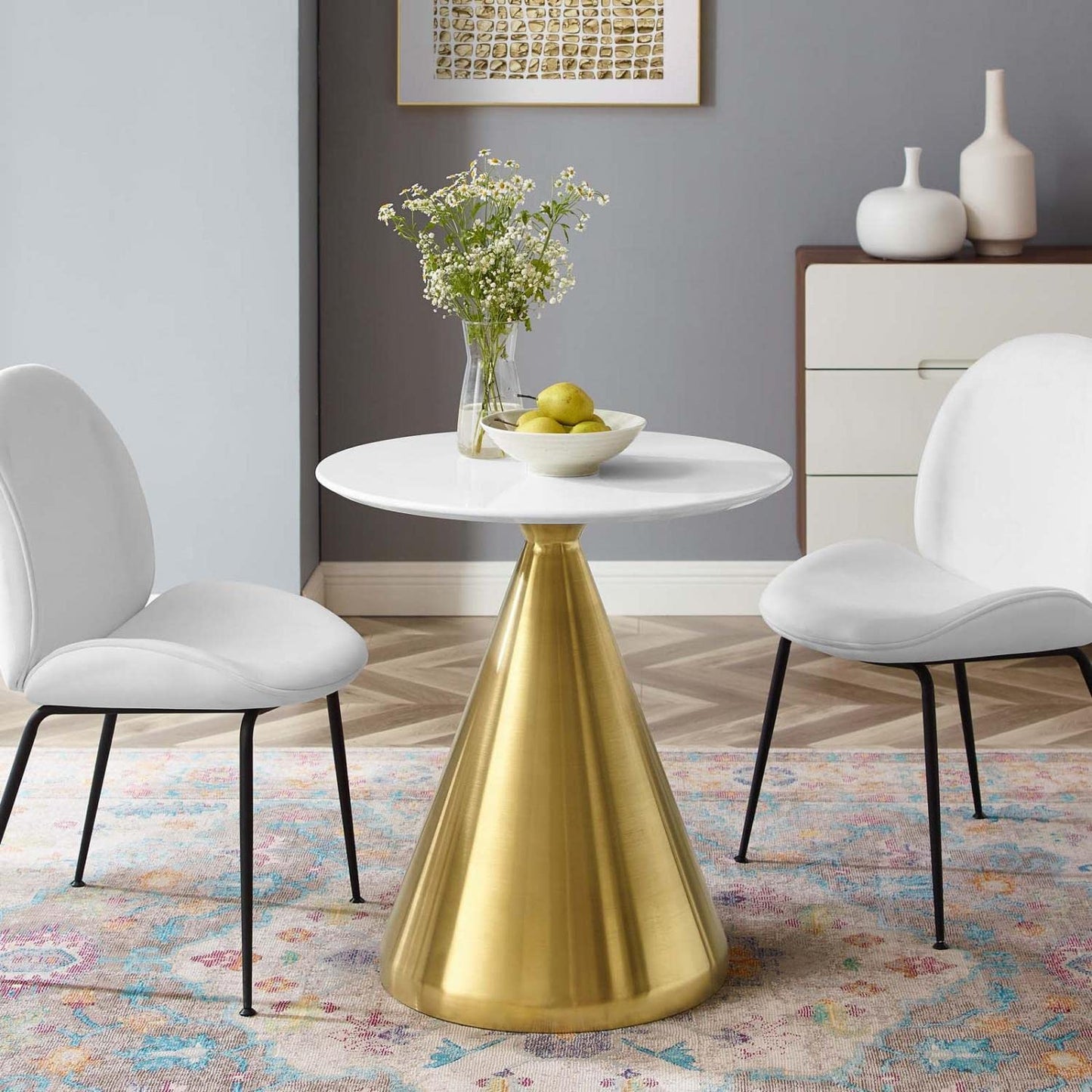 patio dining tables | CasaFoyer Tupelo 28 Dining Table | Modern Style | Mid-Century Design | Polished Gold Base | White Finish | Easy to Clean | Non-Marking Ring | Assembly Required | casafoyer.myshopify.com