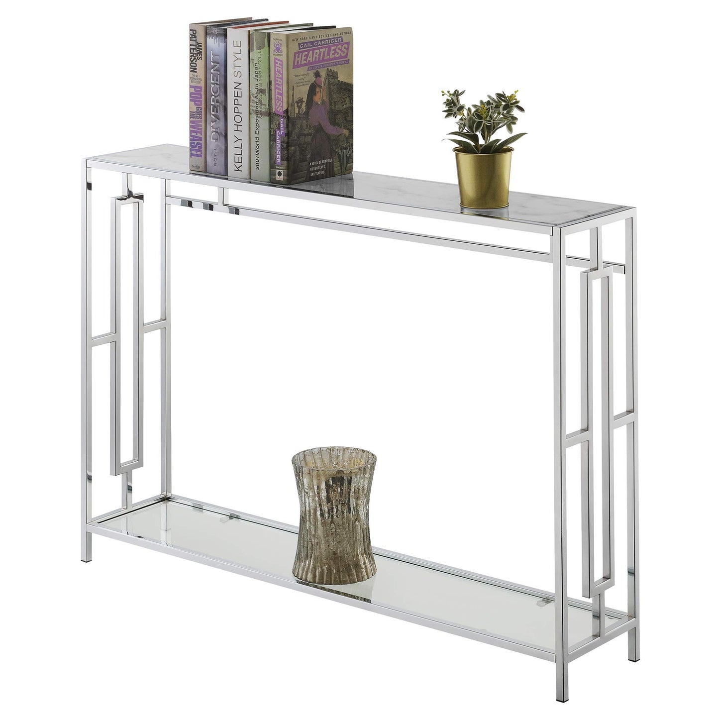 TABLE | Ergode Town Square Chrome Console Table with Shelf | Elegant, Versatile, Easy Assembly | Showcase Decorative Items | Open-Concept Design | Complete the Look | casafoyer.myshopify.com