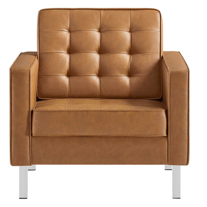 home office desk chairs | CasaFoyer Loft Button Tufted Faux Leather Accent Armchair | Silver Tan | Modern Design | Stainless Steel Frame | 300 lbs Weight Capacity | 30.5L x 32W x 31H | casafoyer.myshopify.com