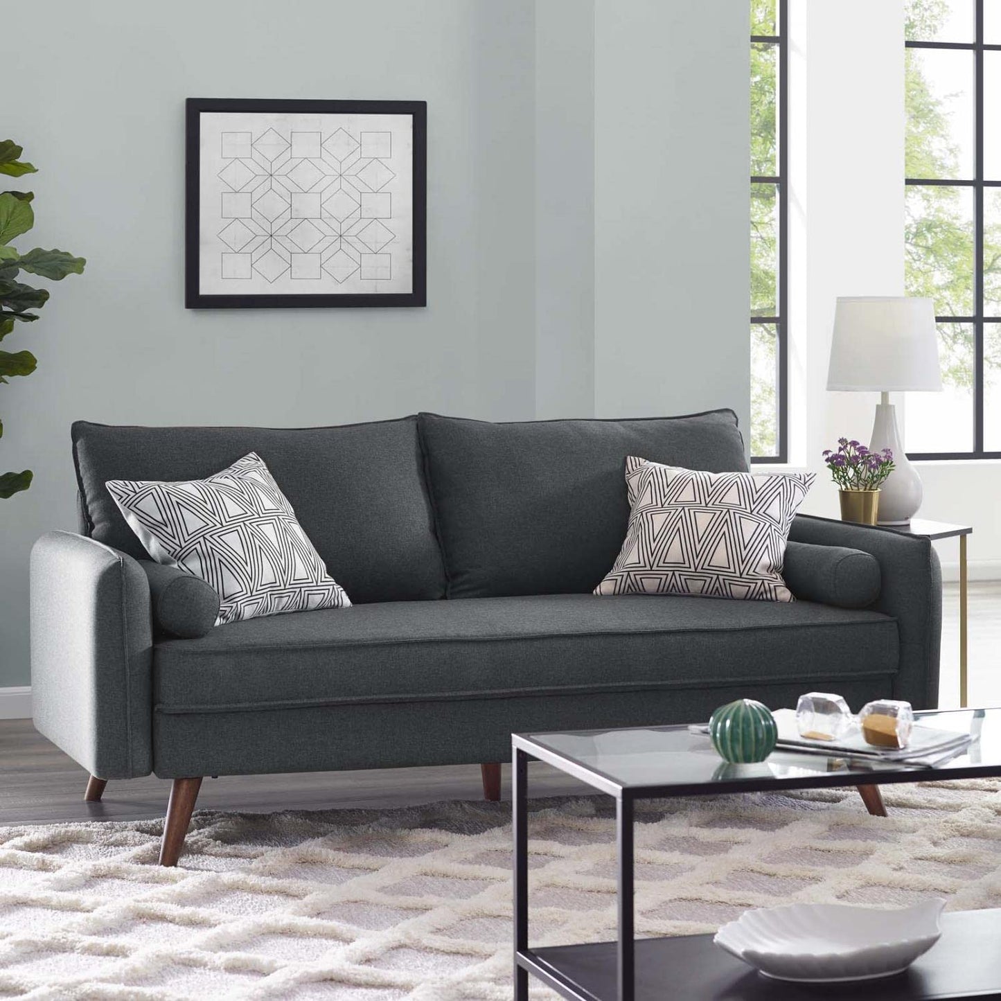 sofas | CasaFoyer Revive Upholstered Fabric Sofa | Comfortable & Stylish Gray | Bolster Pillows & Splayed Wood Legs | Hassle-Free Shipping | Perfect for Home or Apartment | casafoyer.myshopify.com