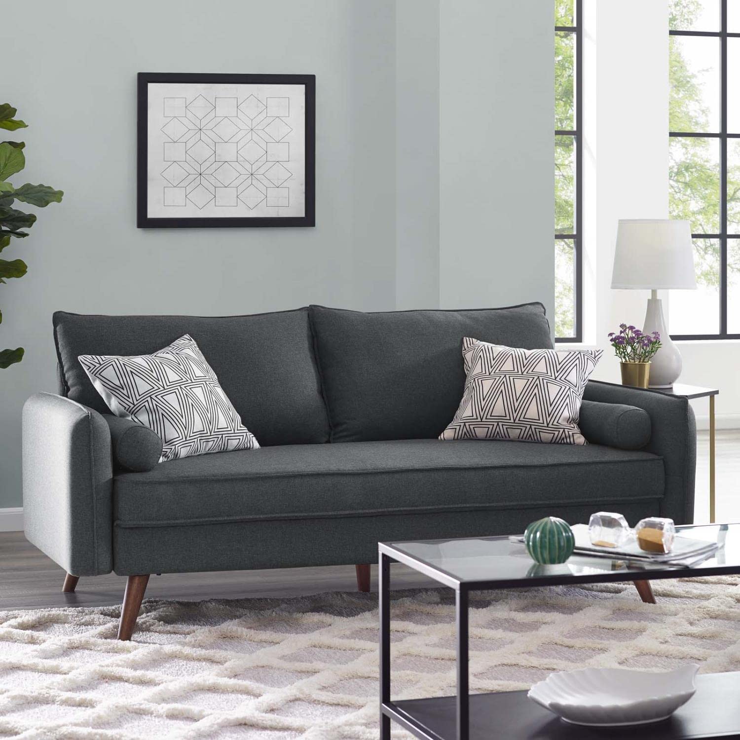 sofas | CasaFoyer Revive Upholstered Fabric Sofa | Comfortable & Stylish Gray | Bolster Pillows & Splayed Wood Legs | Hassle-Free Shipping | Perfect for Home or Apartment | casafoyer.myshopify.com
