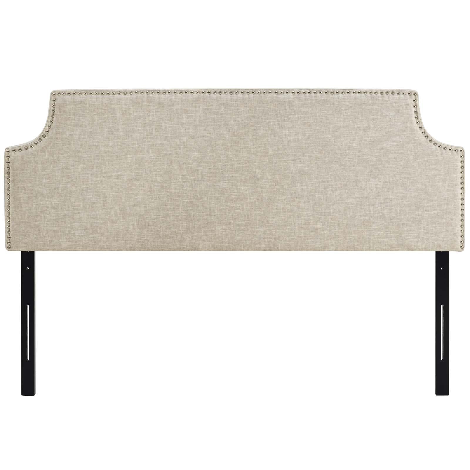 Bed | CasaFoyer  Laura Fabric Upholstered Queen Headboard | Sleek Design | Silver Nail Trim | Sturdy Wood Frame | Adjustable Legs | Luxurious Linen Fabric | Elegant Beige Color | casafoyer.myshopify.com