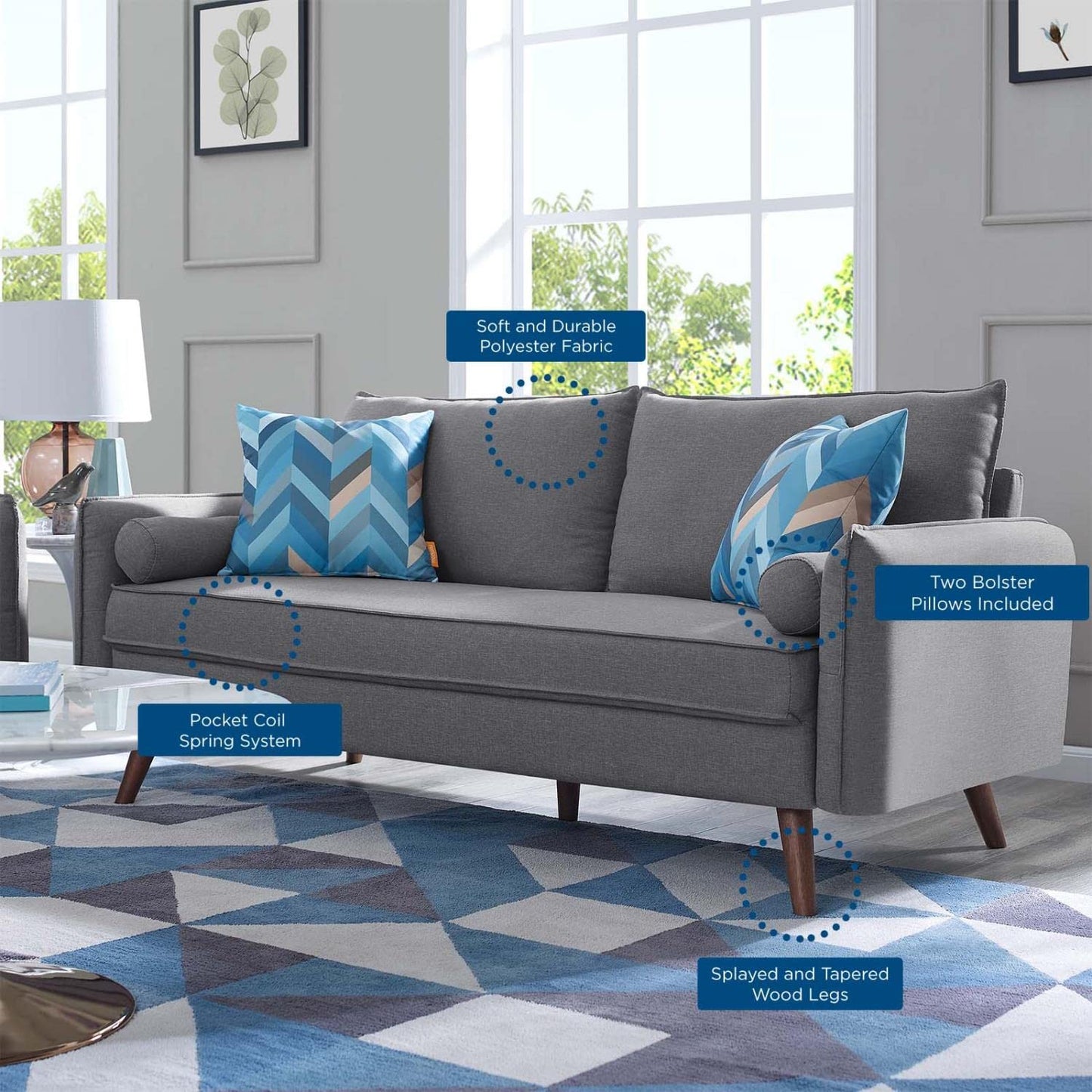 sofas | CasaFoyer Revive Sofa | Cozy & Stylish Upholstered Fabric | Bolster Pillows | Splayed Wood Legs | Light Gray | casafoyer.myshopify.com