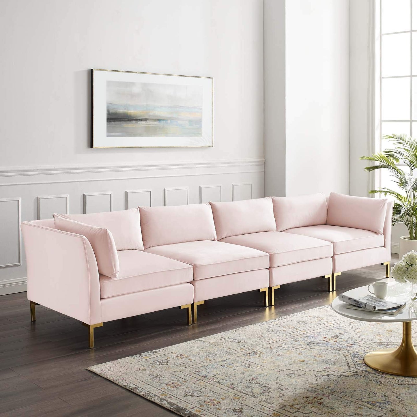 sofas | CasaFoyer Ardent Performance Velvet Sofa | Vintage Modern Glam Deco Style | Versatile Sectional Design | Stain-Resistant Upholstery | Premium Seating Experience | Gold Metal Legs | Set of 4 Chairs | casafoyer.myshopify.com