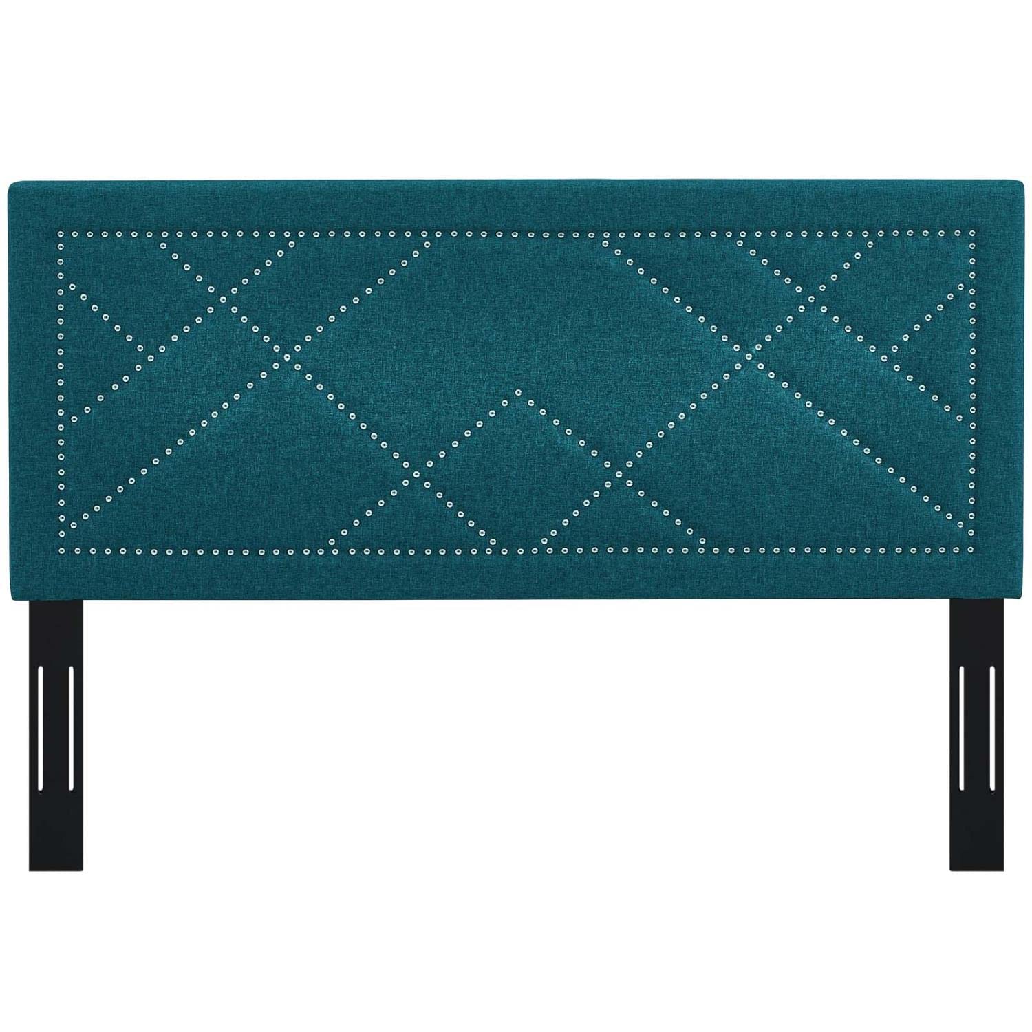 headboards | CasaFoyer Reese Nailhead Full/Queen Headboard | Geometric Design | Linen Fabric | Adjustable Height | Black-Stained Wood Legs | casafoyer.myshopify.com