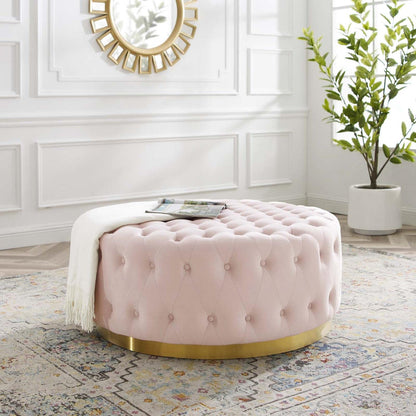 ottomans | CasaFoyer Ensconce Tufted Performance Velvet Round Ottoman | Opulent Art Deco Design | Plush Comfort | Gold Metal Accents | Stain-Resistant | Cozy Seating or Coffee Table | 300 lbs Weight Capacity | casafoyer.myshopify.com