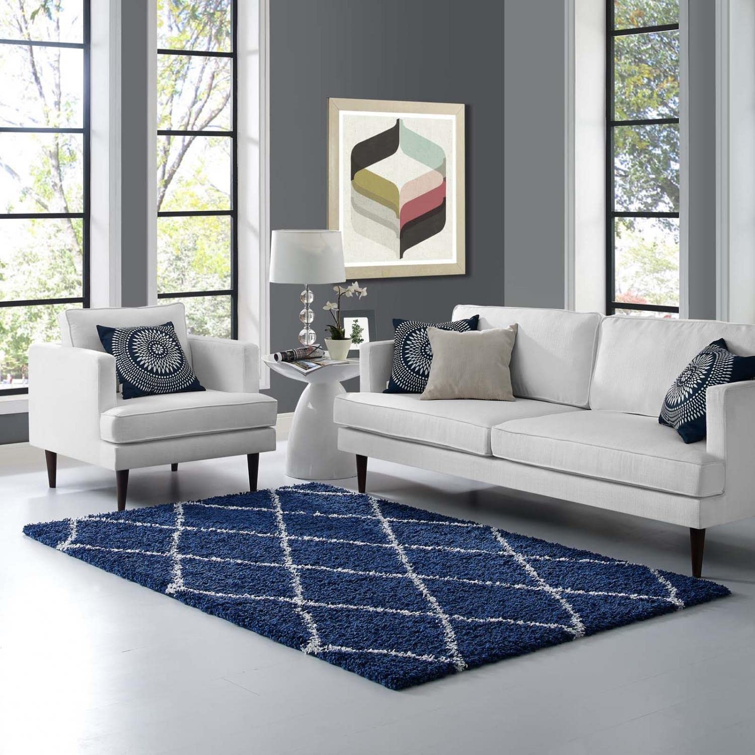 area rugs | CasaFoyer Toryn Diamond Trellis Shag Area Rug | Navy/Ivory | 5x8 ft | Durable Polypropylene | Stylish Lattice Pattern | High Pile Weave | Easy to Maintain | Safe for Kids/Pets | Protects Floors | casafoyer.myshopify.com
