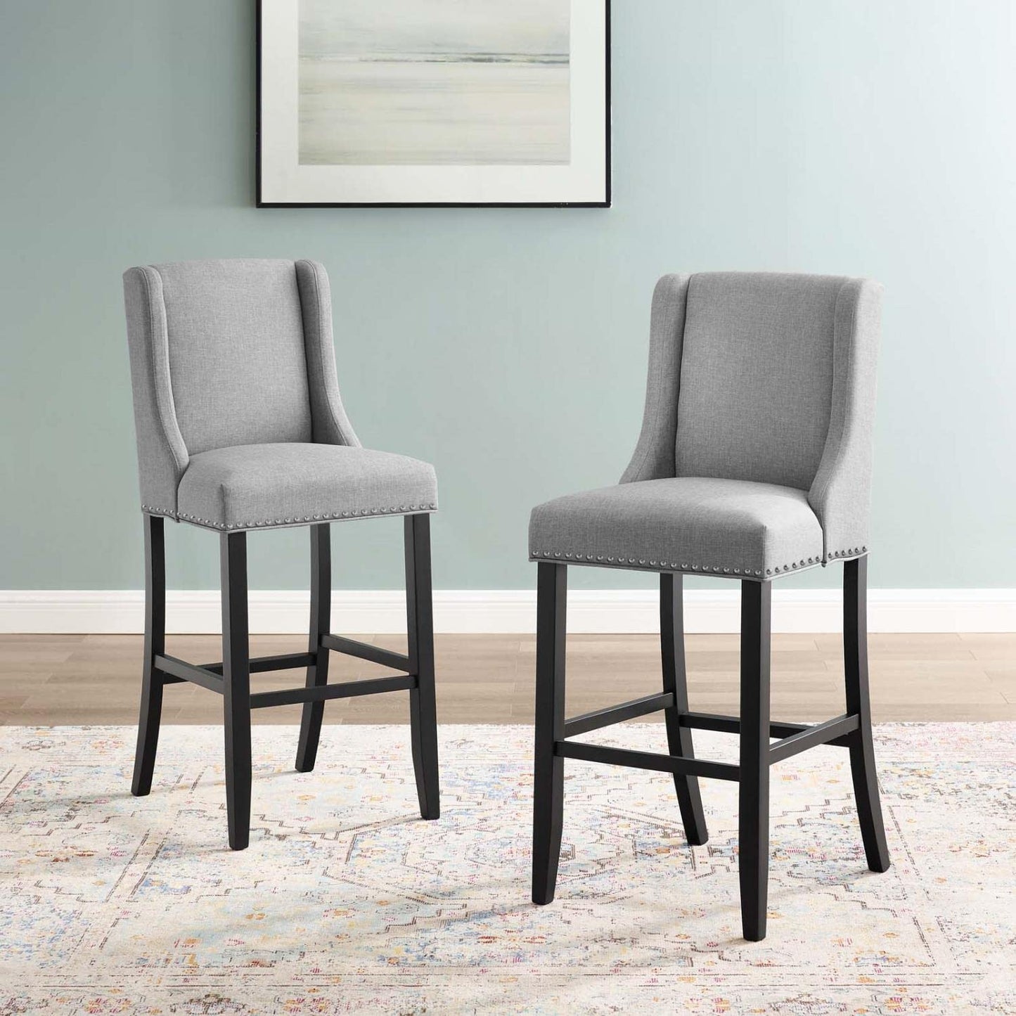 barstools | CasaFoyer Baron Upholstered Fabric Bar Stool Set of 2 | Refined Backrest | Nailhead Trim | Comfortable Padding | Solid Wood Frame | Light Gray | casafoyer.myshopify.com
