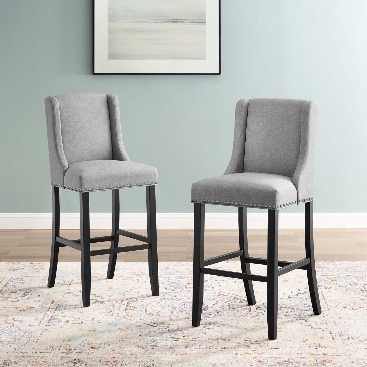 barstools | CasaFoyer Baron Upholstered Fabric Bar Stool Set of 2 | Refined Backrest | Nailhead Trim | Comfortable Padding | Solid Wood Frame | Light Gray | casafoyer.myshopify.com