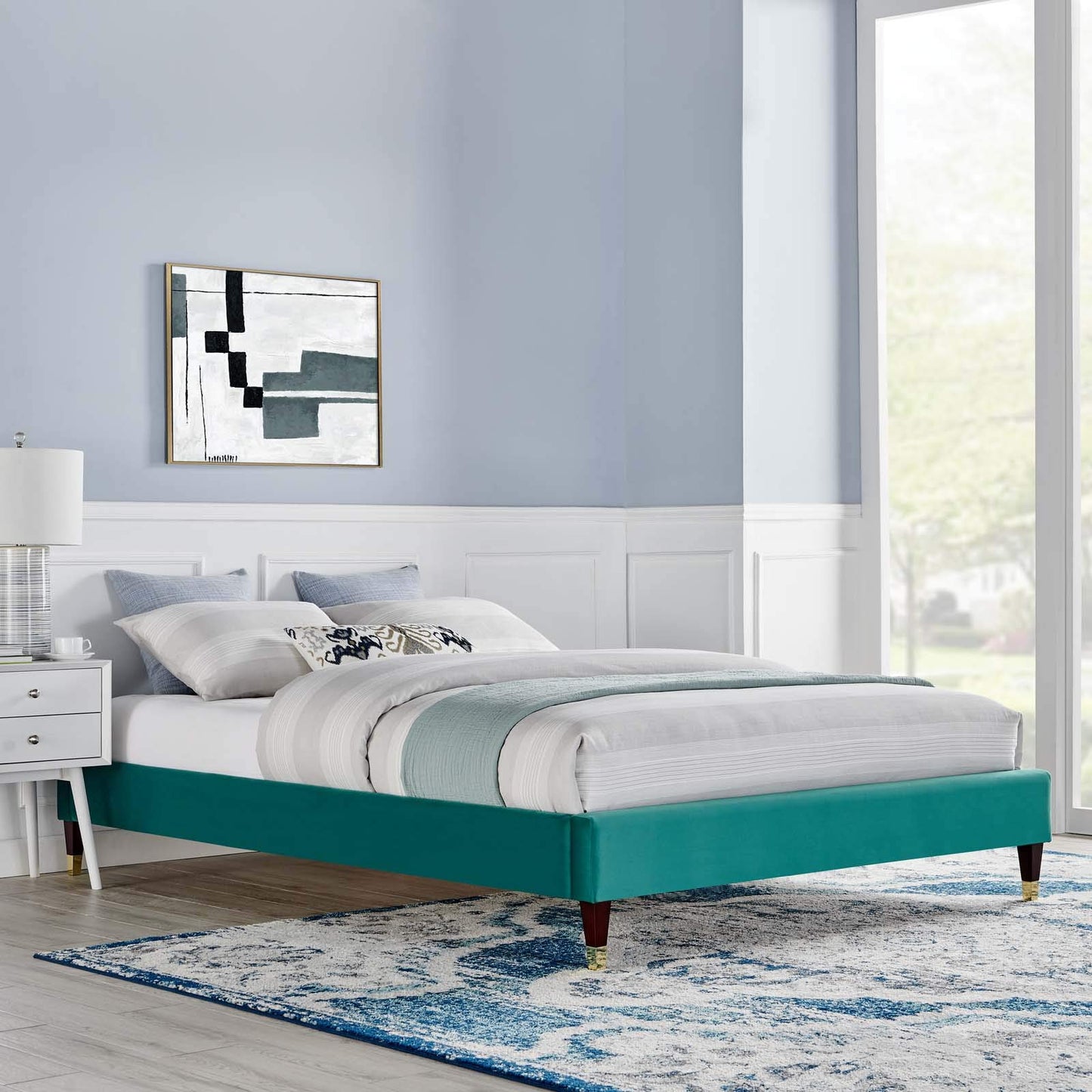 Bed | CasaFoyer Harlow Performance Velvet Full Bed Frame | Wood Legs | Gold Metal Sleeves | Stain-Resistant Velvet | Memory Foam Compatible | 800 lbs Weight Capacity | casafoyer.myshopify.com