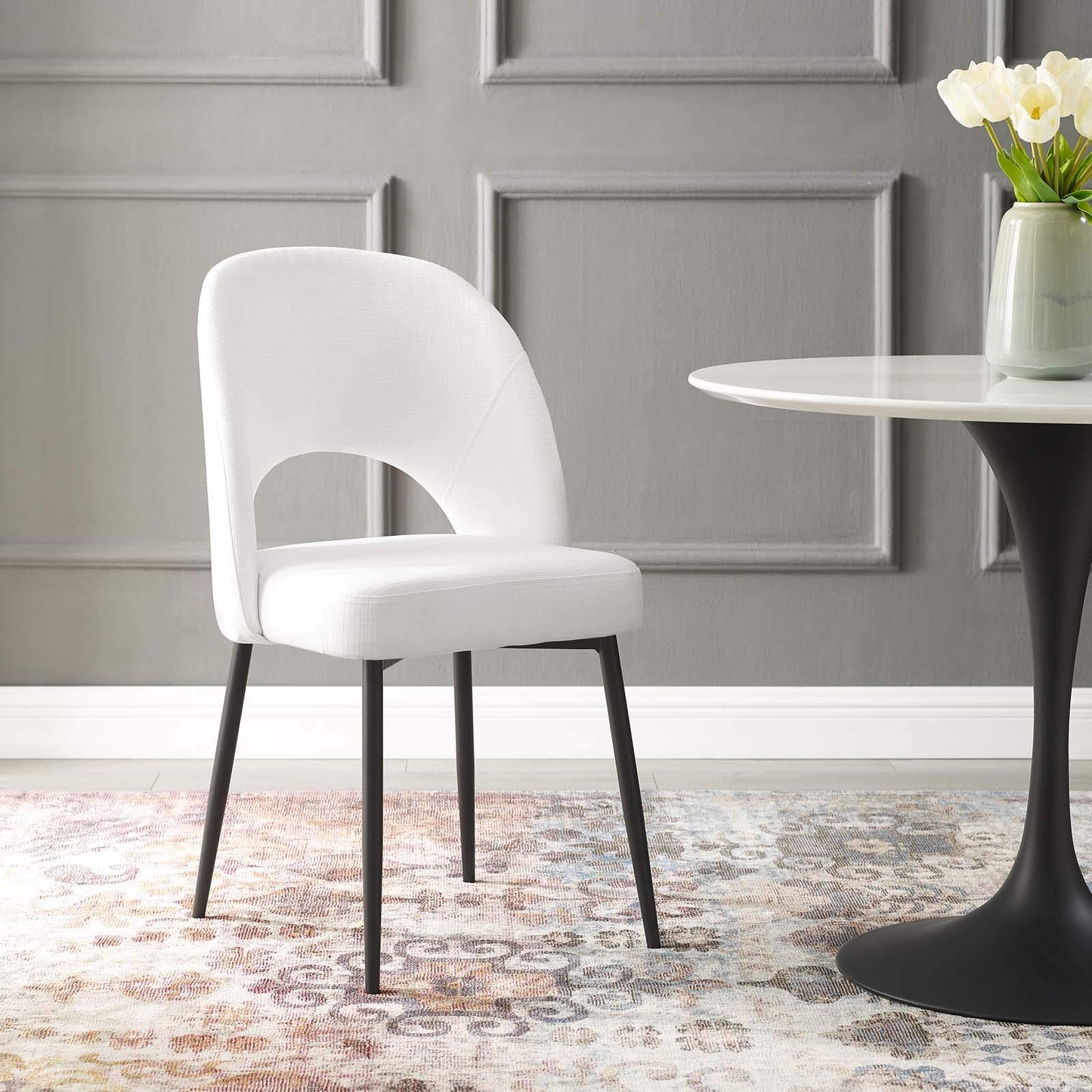 Dining Table | Rouse Upholstered Fabric Dining Side Chair | Stylish & Comfortable | Densely Padded Foam | Soft Fabric Upholstery | Durable Bentwood | Matte Black Stainless Steel Legs | Open Back Design | 331 lbs Weight Capacity | casafoyer.myshopify.com