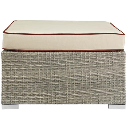 ottomans | CasaFoyer Repose Outdoor Patio Ottoman | Stylish & Comfortable | Tan & Gray Synthetic Rattan Weave | UV Protection | Plush 4-inch Cushions | Non-Marking Foot Pads | Sturdy Aluminum Frame | Supports 331 lbs. | casafoyer.myshopify.com