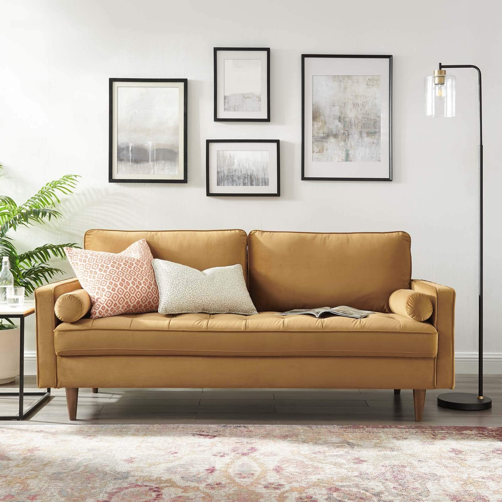 sofas | CasaFoyer Valour Performance Velvet Sofa | Timeless Elegance & Modern Convenience | Biscuit Tufting, Bolster Pillows | Stain-Resistant Upholstery, Dense Foam Padding | Walnut Legs | 881 lbs Capacity | casafoyer.myshopify.com