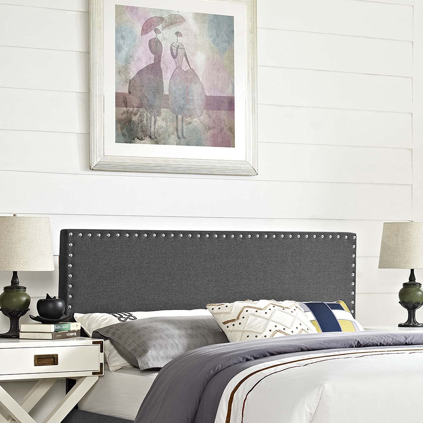 Bed | CasaFoyer  Phoebe Fabric Upholstered Queen Headboard | Stylish Minimalist Design | Silver Nail Button Trim | Solid Wood Frame | Adjustable Legs | Soft Linen Fabric Upholstery | Dense Foam Padding | casafoyer.myshopify.com