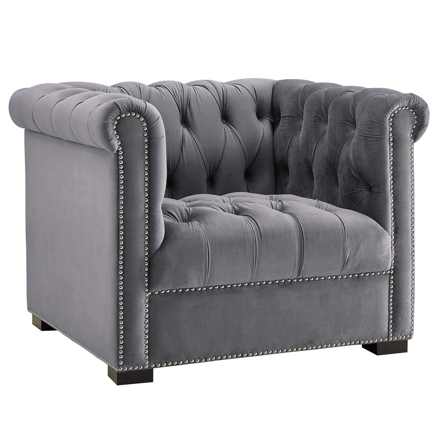 home office desk chairs | CasaFoyer Heritage Performance Velvet Armchair | Modern Classic Design | Rolled Armrests | Button Tufting | Nailhead Trim | Stain-Resistant Upholstery | Birch Wood Legs | Plush Foam Padding | Gray | casafoyer.myshopify.com