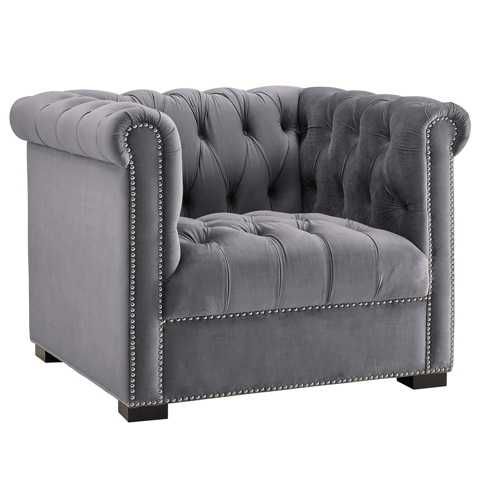 home office desk chairs | CasaFoyer Heritage Performance Velvet Armchair | Modern Classic Design | Rolled Armrests | Button Tufting | Nailhead Trim | Stain-Resistant Upholstery | Birch Wood Legs | Plush Foam Padding | Gray | casafoyer.myshopify.com